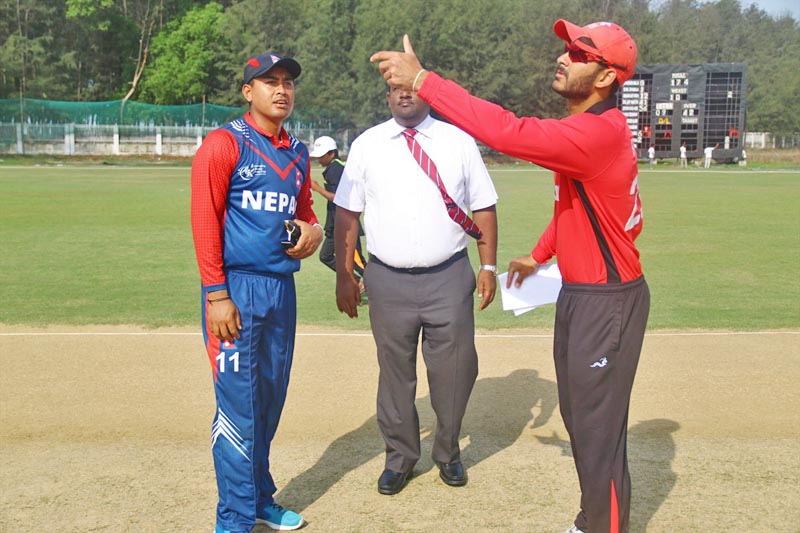 Nepal's skipper Gyanendra Malla looks on as his Hong Kong counterpart flips a coin during toss in presence of ICC match referee during the ongoing ACC Emerging Teams Cup in Bangladesh, on Thursday, March 30, 2017. Courtesy: Raman Shiwakoti