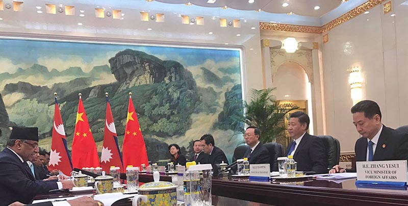 Nepal's PM Pushpa Kamal Dahal (left) and Chinese President Xi Jinping (2nd from right) holding a meeting in Beijing on Monday, March 27, 2017. Photo Courtesy: Prakash Dahal
