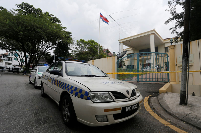 Police cars block the entrance of a sealed off North Korea embassy in Kuala Lumpur, Malaysia, on March 7, 2017. Photo: Reuters