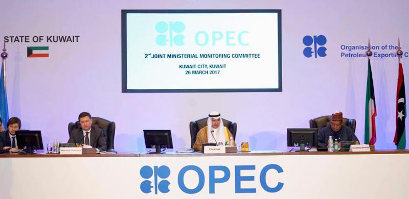 Kuwait Oil Minister Ali Al-Omair gives his opening speech during OPEC 2nd Joint Ministerial Monitoring Committee meeting as Russian Energy Minister Alexander Novak and OPEC Secretary General Mohammad Barkindo attend the meeting in Kuwait City, Kuwait, March 26, 2017. Photo: Reuters