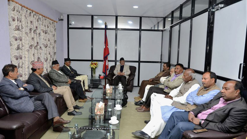 Prime Minister Pushpa Kamal Dahal holds a meeting with the leaders of United Democratic Madhesi Front at his office in Singhadarbar, Kathmandu, on Thursday, March 16, 2017. Photo: PM's Secretariat