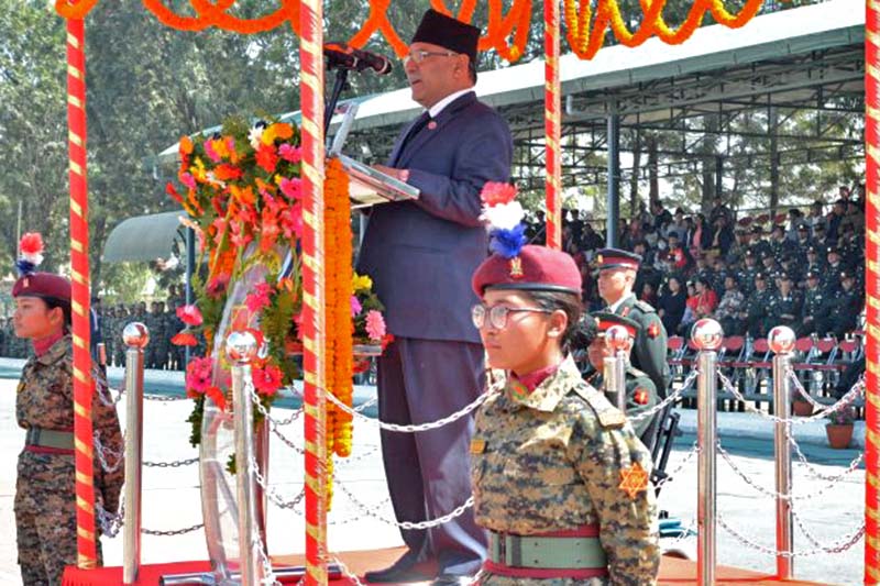 Prime Minister Pushpa Kamal Dahal addresses the National Cadet Corps 12th Batch Senior Division Training Graduation Ceremony in Kathmandu, on Monday, March 6, 2017. Photo Courtesy: PM's Secretariat