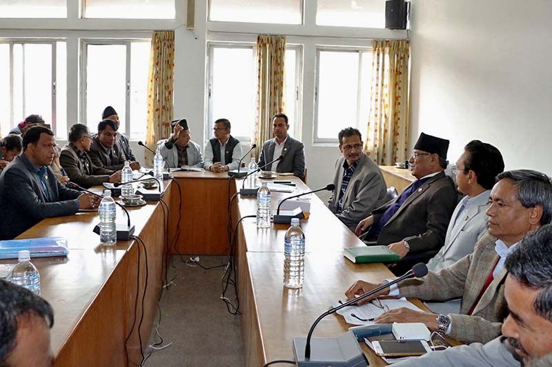 Prime Minister Pushpa Kamal Dahal briefs the CPN Maoist Centre lawmakers about his scheduled China visit in Singhadarbar, on Thursday, March 23, 2017. Photo: RSS