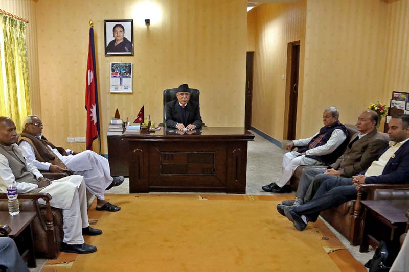 PM Pushpa Kamal Dahal (centre) in a meeting with the UDMF leaders at the Office of the Prime Minister and the Council of Ministers in Singhadarbar, on Wednesday, March 15, 2017. Photo: RSS