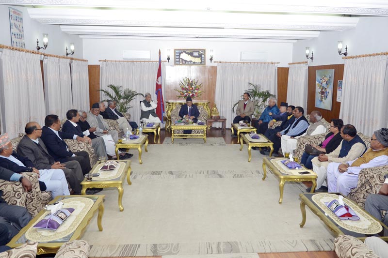 PM Pushpa Kamal Dahal chairs a meeting of major parties at his official residence at Baluwatar, Kathmandu, on Thursday, March 23, 2017. Courtesy: PM Secretariat
