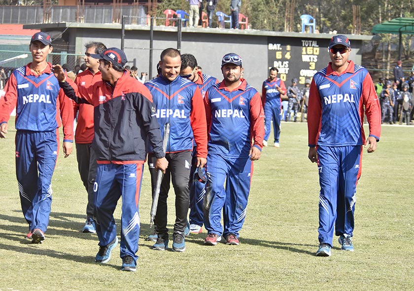 Paras Khadka leaving along with teammates the ground after celebration. nPhoto: Naresh Shrestha/THT