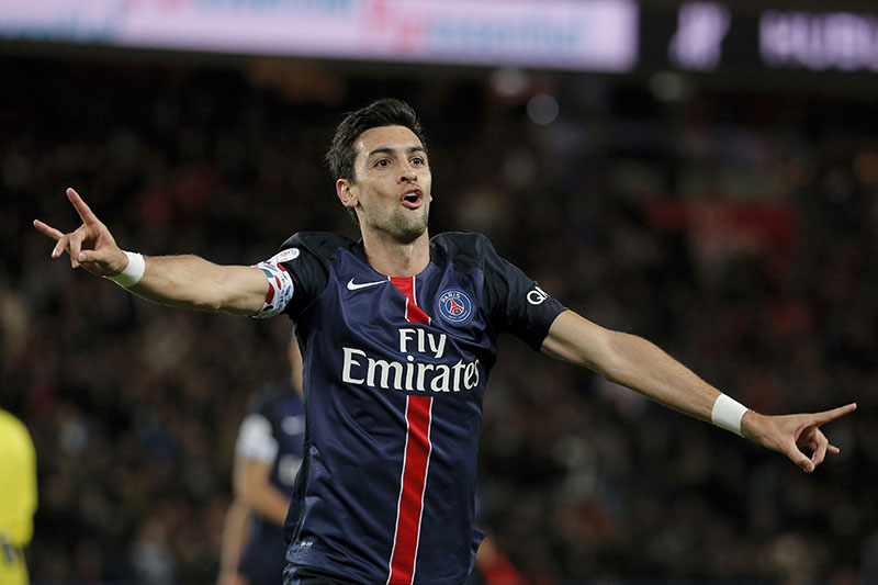 FILE- PSG's Javier Pastore celebrates after scoring during the French League One soccer match between Paris Saint Germain and Guingamp, at the Parc des Princes stadium in Paris, France, on Tuesday, September 22, 2015. Photo: AP
