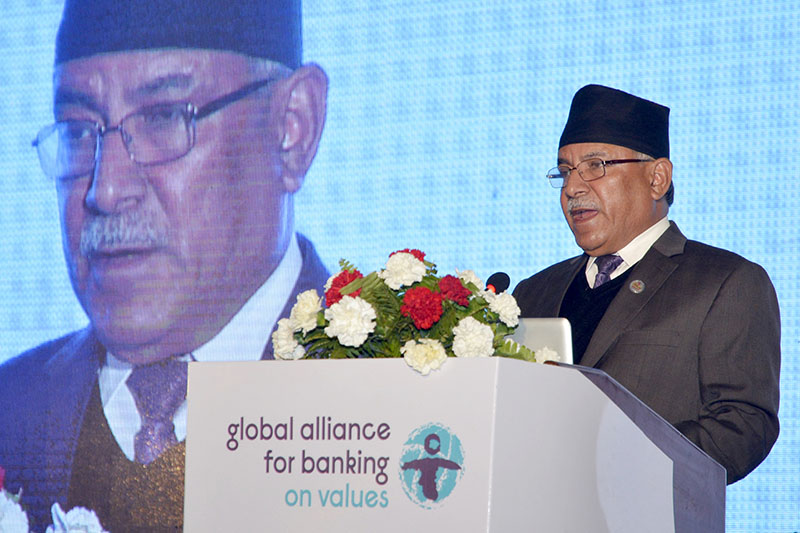 Prime Minister Pushpa Kamal Dahal addresses the annual conference of the Global Alliance for Banking on Values (GABV), jointly organised by the GABV and NMB Bank Ltd, in Kathmandu, on Tuesday, March 7, 2017. Photo: RSS