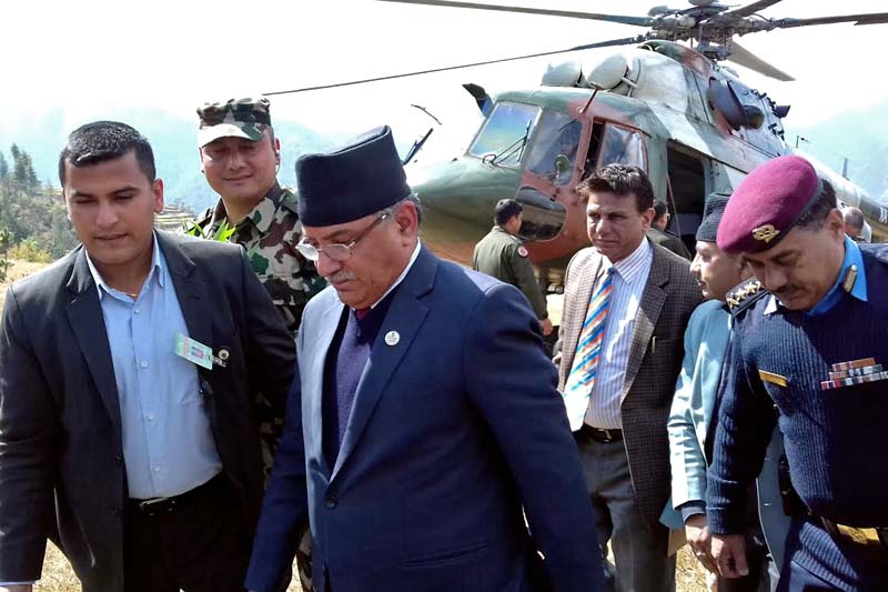 Prime Minister Pushpa Kamal Dahal heading to attend a mass gathering, in Kamidanda, Kavre, on Friday, March 4, 2017. Photo: THT