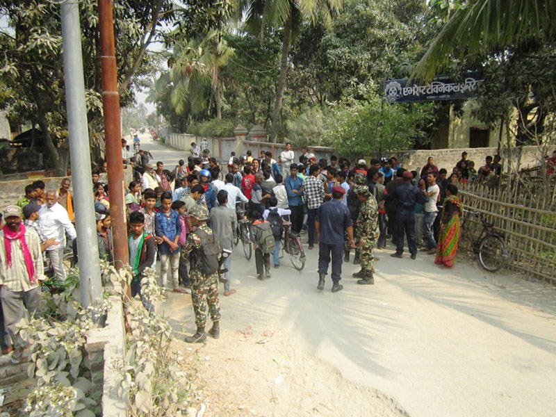 Locals gathering after a bomb was found at a school in Rajbiraj, Saptari, on Tuesday, February 28, 2017. Photo: THT