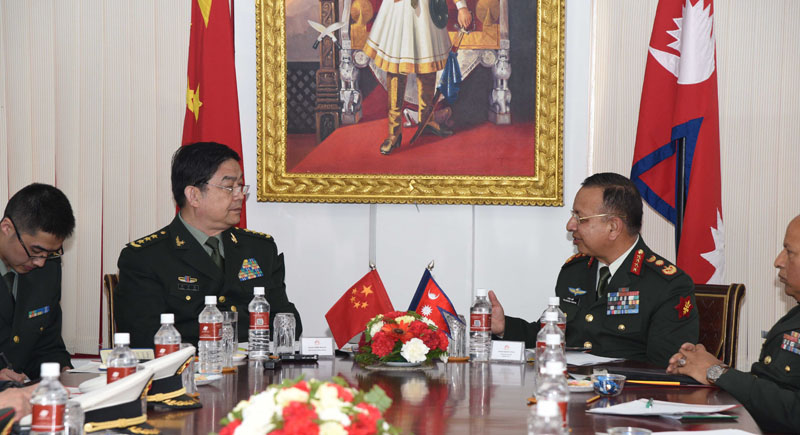 Chinese Minister of National Defence, General Chang Wanquan, holds a meeting with Chief of Army Staff, Rajendra Chhetri, in Kathmandu, on Friday, March 24, 2017. Photo: Nepal Army 