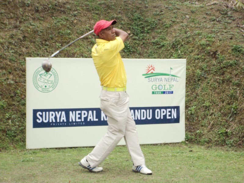 Rame Magar hits a tee shot during the first round of the Surya Nepal Kathmandu Open at the RNGC on Tuesday, March 28, 2017. Photo courtesy: NPGA