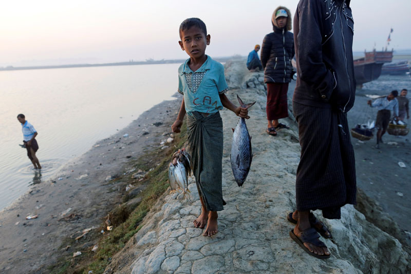 A Rohingya boy carries fishes at the beach in Sittwe in the state of Rakhine, Myanmar, on March 2, 2017. Photo: Reuters