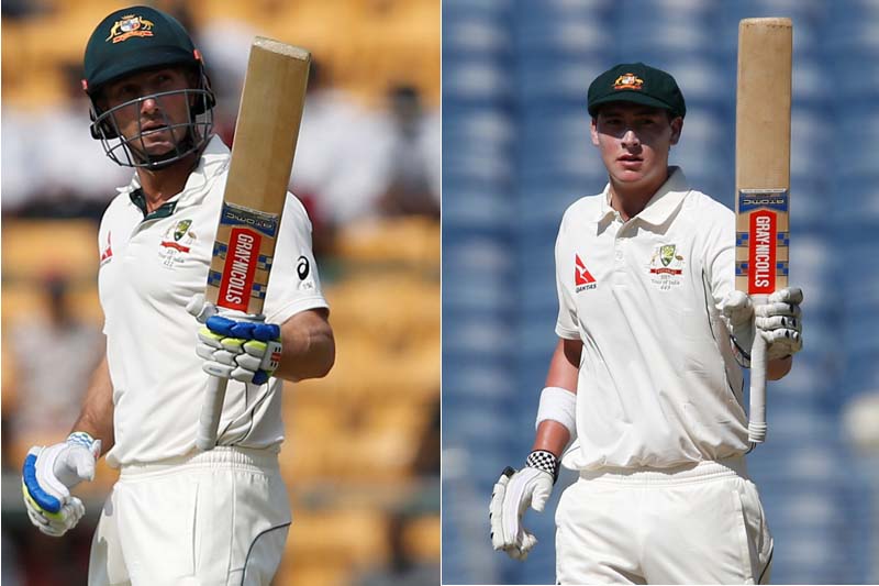 Australian batsmen Shaun Marsh (left) and Matt Renshaw acknowledges crowd after reaching 50 runs against India during 2nd test match, at Bagalore, on Sunday, March 5, 2017. Photo: Reuters
