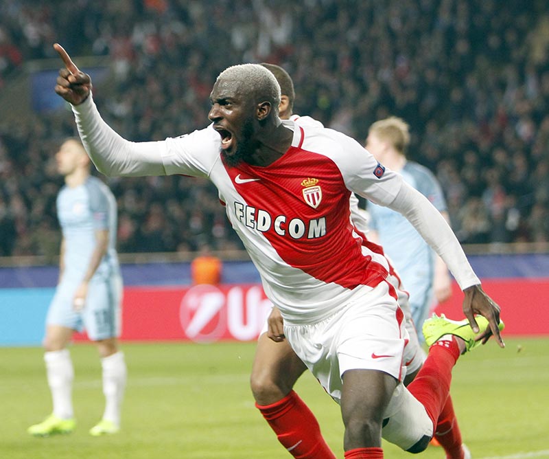 Monaco's Tiemoue Bakayoko celebrates his side side's 3rd goal during a Champions League round of 16 second leg soccer match between Monaco and Manchester City at the Louis II stadium in Monaco, on Wednesday March 15, 2017. Photo: AP