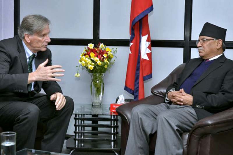 Swiss Ambassador to Nepal Ju00f6rg Frieden interacts with Prime Minister Pushpa Kamal Dahal at the Office of the Prime Minister and the Council of Ministers in Singhadarbar, on Wednesday, March 15, 2017. Photo Courtesy: PM's Secretariat