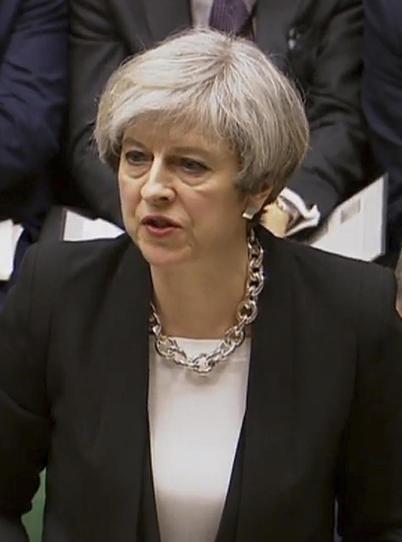 Britain's Prime Minister Theresa May speaks in the Houses of Parliament, Thursday March 23, 2017, following the attack in London Wednesday.  On Wednesday a man went on a deadly rampage, first drove a car into pedestrians then stabbed a police officer to death before being fatally shot by police within Parliament's grounds in London. Photo: AP