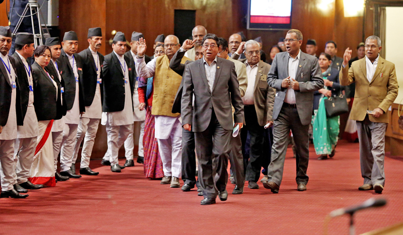 Lawmakers of constituent parties of the United Democratic Madhesi Front and the Federal Alliance protest the Saptari incident at the Legislature-Parliament in Kathmandu, on Friday, March 10, 2017. Photo: RSS