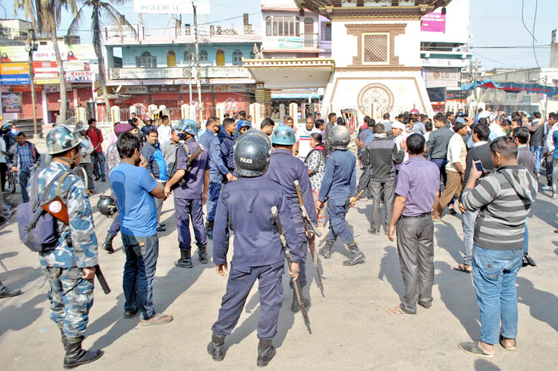 United Democratic Madhesi Front cadres and leaders clashed with local businessmen at Ghantaghar Chowk in Birgunj, on Wednesday, March 8, 2017. Photo: RSS