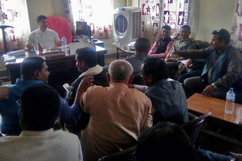 Leaders of the United Democratic Madhesi Front disrupt a meeting being held at the District Administration Office to determine voting centres in Rautahat, on Sunday, March 19, 2017. Photo: RSS