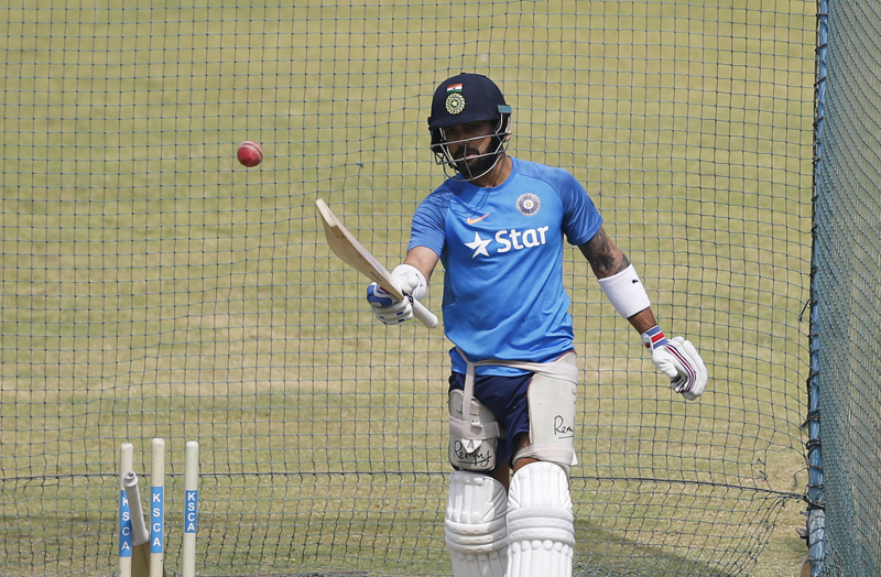 India's captain Virat Kohli prepares to bat in the nets during a training session ahead of their second cricket test match against Australia in Bangalore, India, Wednesday, March 1, 2017. Photo: AP