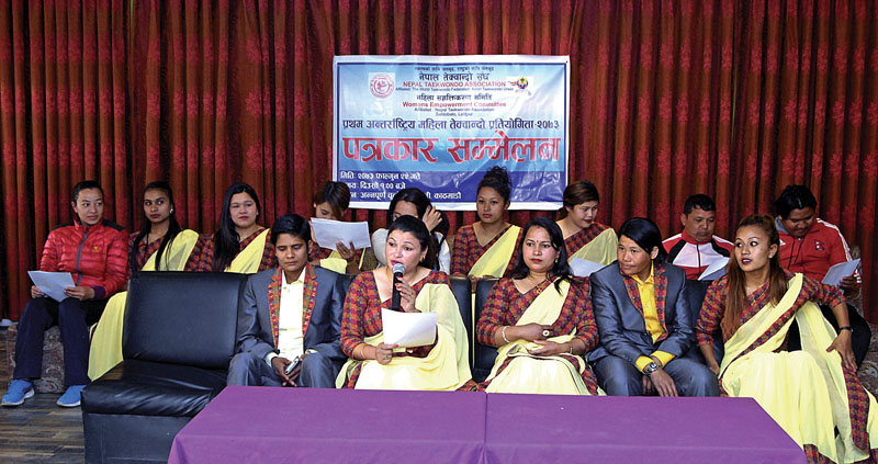 Women Empowerment Committee officials and players during a press meet in Kathmandu on Sunday, March 5, 2017. Photo: THT
