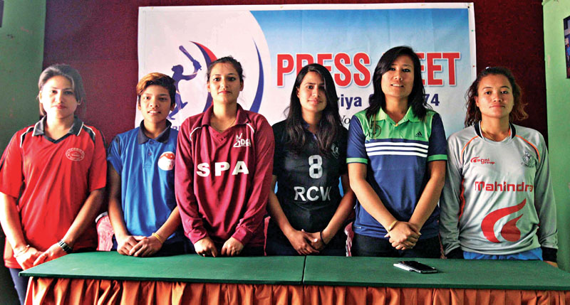 (From left) Skipper of Bara Women Cricket Club Manisha Chaulagain, Vice-captain of Kanchanpur-XI Poonam Pharswan and captains Anjali Chand (KDCA), Arati Bidari (Rising Cricket Women), Rubina Chhetri (Milan Cricket Academy), and Bina Budha Magar (Nepal APF Club) at a press meet of Attariya Cup in Kathmandu on Monday, March 27, 2016. Photo: THT