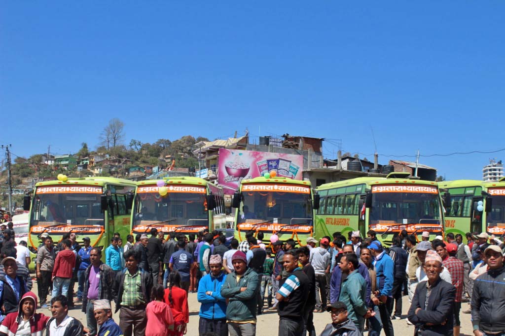 Newly arrived buses, stationary at Baghkhor, the headquaters of Dadeldhura district, on Thursday, March 23, 2017.  The buses equipped with modern facilities are being operated for the first time in Dadeldhura-Kathmandu route. Photo: Baburam Shrestha