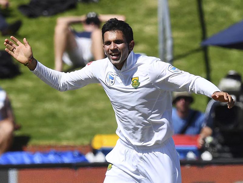 South Africa's Keshav Maharaj celebrates after dismissing New Zealand's Jeet Raval during the second cricket test at the Basin Reserve, Wellington, New Zealand, on Thursday, March 16, 2017. Photo: AP
