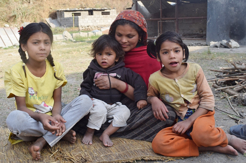 A visually imparied woman sits with her three daughters at Takam-3 in Myagdi district, on Friday, March 10, 2017. Both parents of the children lack eyesight and the poor financial condition had deprived them of right to education. Photo: RSS