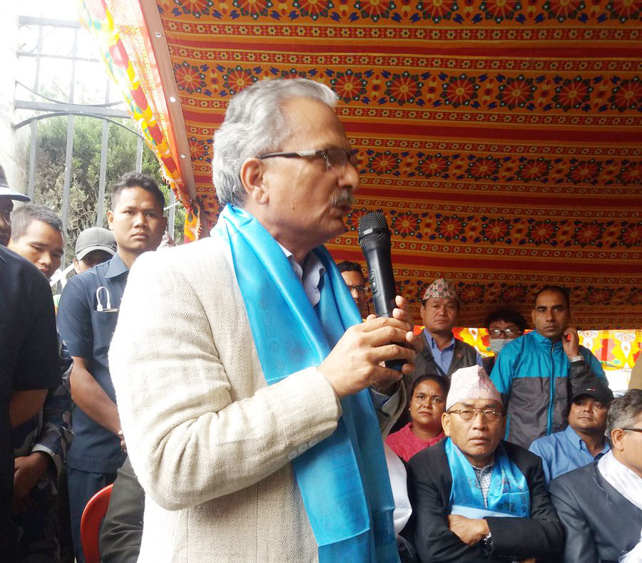 Naya Shakti Party Nepal Coordinator Baburam Bhattarai speaks as fringe parties begin a relay hunger strike, in Kathmandu, on Saturday, April 15, 2017. Photo: Devendra Paudel/Twitter    