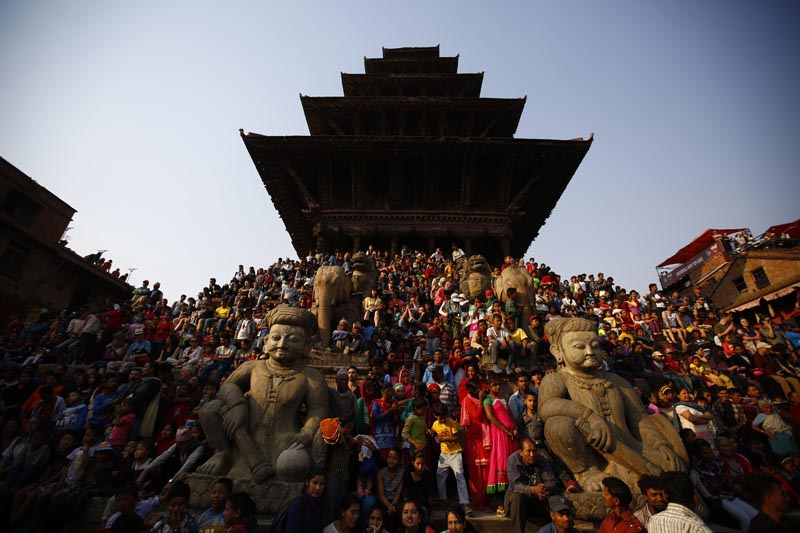 People throng the Nyatapola Temple in Bhaktapur to observe the chariot procession of Lord Bhairav during celebrations on the first day of Bisket festival in Bhaktapur. Photo: Skanda Gautam