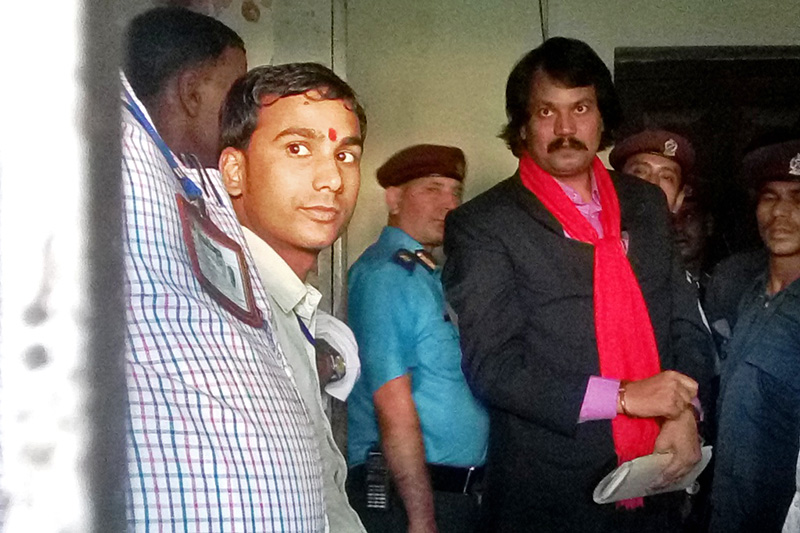Free Madhes Alliance Coordinator CK Raut being taken to the Rautahat District Court for a trial hearing in Rautahat, on Wednesday, April 26, 2017. Photo: Prabhat Jha