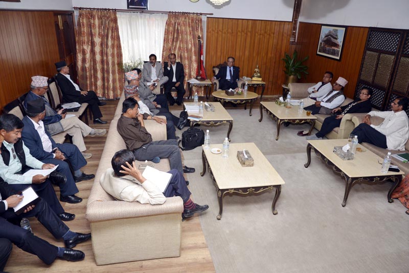 CPN Maoist Center Chairman and PM Pushpa Kamal Dahal attends the party's Central Office Meeting at the PM's official residence in Baluwatar, Kathmandu, on Thursday, April 6, 2017. Courtesy: PM's Secretrait