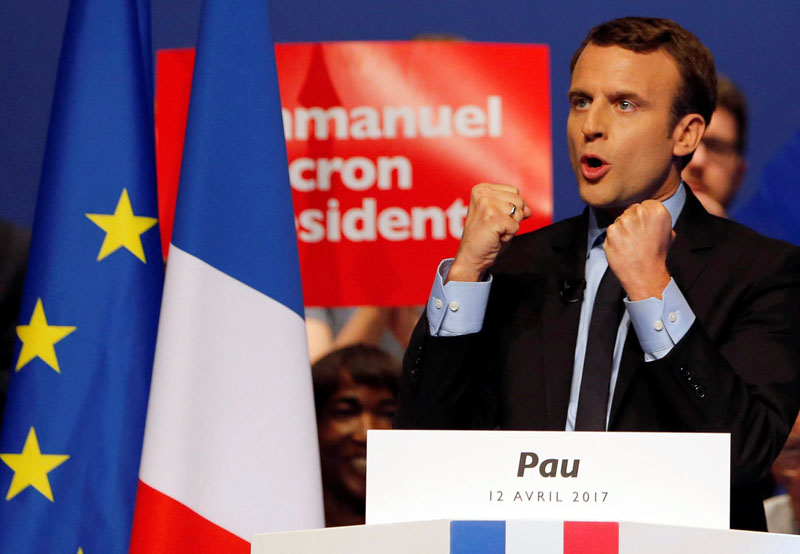 Emmanuel Macron, head of the political movement En Marche! (Onwards!) and candidate for the 2017 presidential election, delivers his speech during a campaign rally in Pau, France, on April 12, 2017. Photo: Reuters