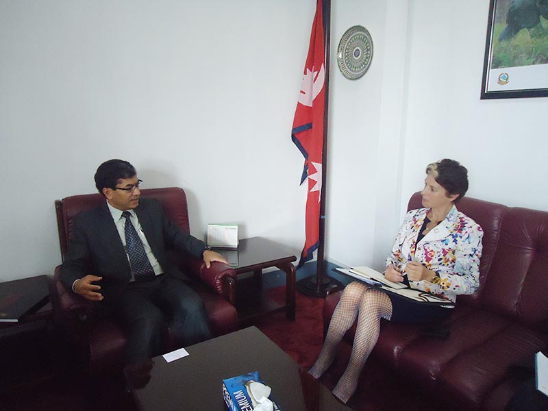 UN Secretary General and Nutrition Movement Coordinator Gerda Verburg (right) meets with Vice-Chairperson of the National Planning Commission Dr Min Bahadur Shrestha in Singha Durbar, on Thursday, April 6, 2017. Photo: THT