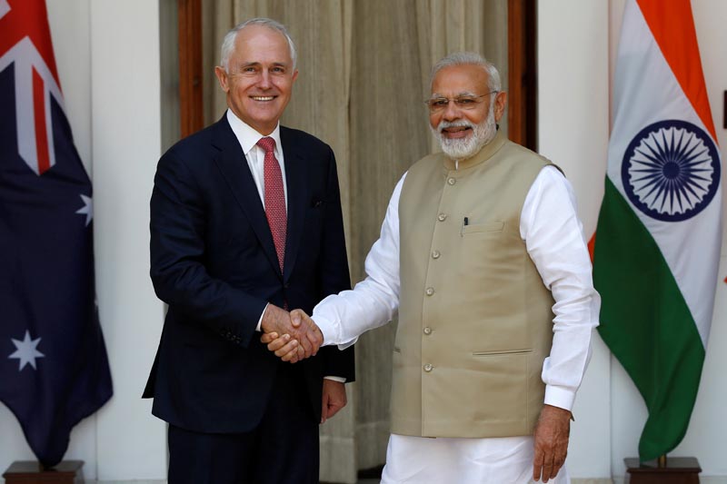 Australia's Prime Minister Malcolm Turnbull (left) shakes hands with his Indian counterpart Narendra Modi during a photo opportunity ahead of their meeting at Hyderabad House in New Delhi, India, on April 10, 2017. Photo: Reuters