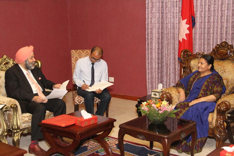 Indian Ambassador to Nepal Manjeev Singh Puri holding a meeting with President Bidya Devi Bhandari at Sheetal Niwas on April 12, 2017. Photo: President's Office