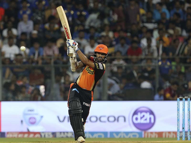 Sunrisers Hyderabad's batsman Shikhar Dhawan bats during the Indian Premier League (IPL) cricket match against Mumbai Indians in Mumbai, India, on Wednesday, April 12, 2017. Photo: AP