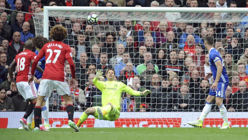 Manchester United's Ander Herrera, not in picture, scores his side's second goal during the English Premier League soccer match between Manchester United and Chelsea at Old Trafford stadium in Manchester, on Sunday, April 16, 2017. Photo: AP