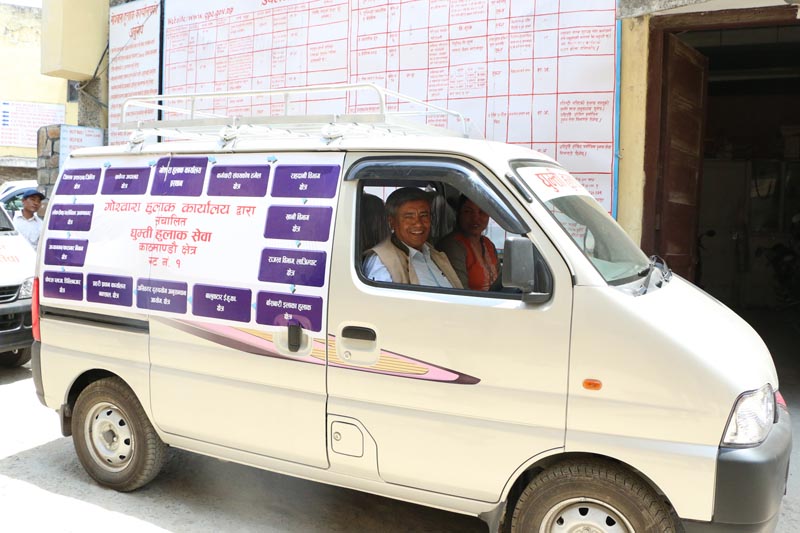 Minister for Information and Communications Surendra Kumar Karki launches Mobile Postal Services operated by the General Post Office, Sundhara in Kathmandu on Friday, April 28, 2017. Photo: RSS