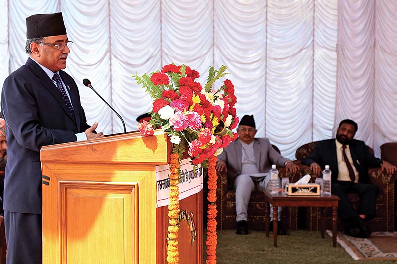 Prime Minister Pushpa Kamal Dahal addressing a function at National Security Council Secretariat, in Kathmandu, on Sunday, April 2, 2017. Photo: RSS