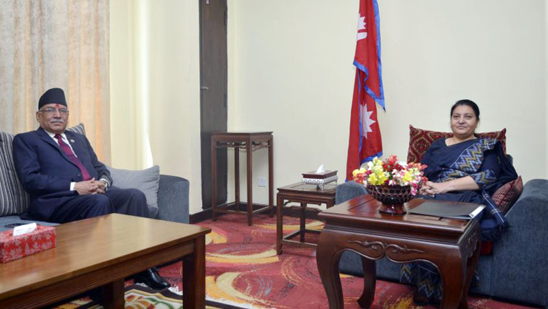 Prime Minister Pushpa Kamal Dahal and President Bidya Devi Bhandari holds a meeting at the Sheetal Niwas in Kathmandu on Thursday, April 13, 2017. Photo Courtesy: PM's Secretarit