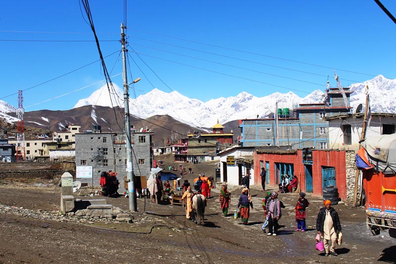 A spectacular view of Ranipauwa village in Muktinath Rural Municipality in bosom of snow-covered mountain range in Mustang district, as captured on Sunday, April 23, 2017. Photo: RSS