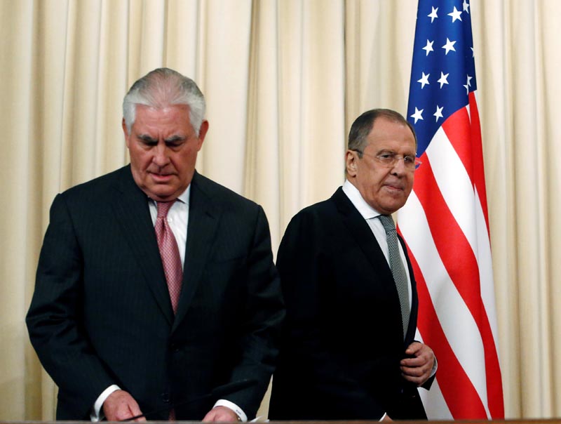 Russian Foreign Minister Sergei Lavrov and US Secretary of State Rex Tillerson arrive for a news conference following their talks in Moscow, Russia, on April 12, 2017. Photo: Reuters