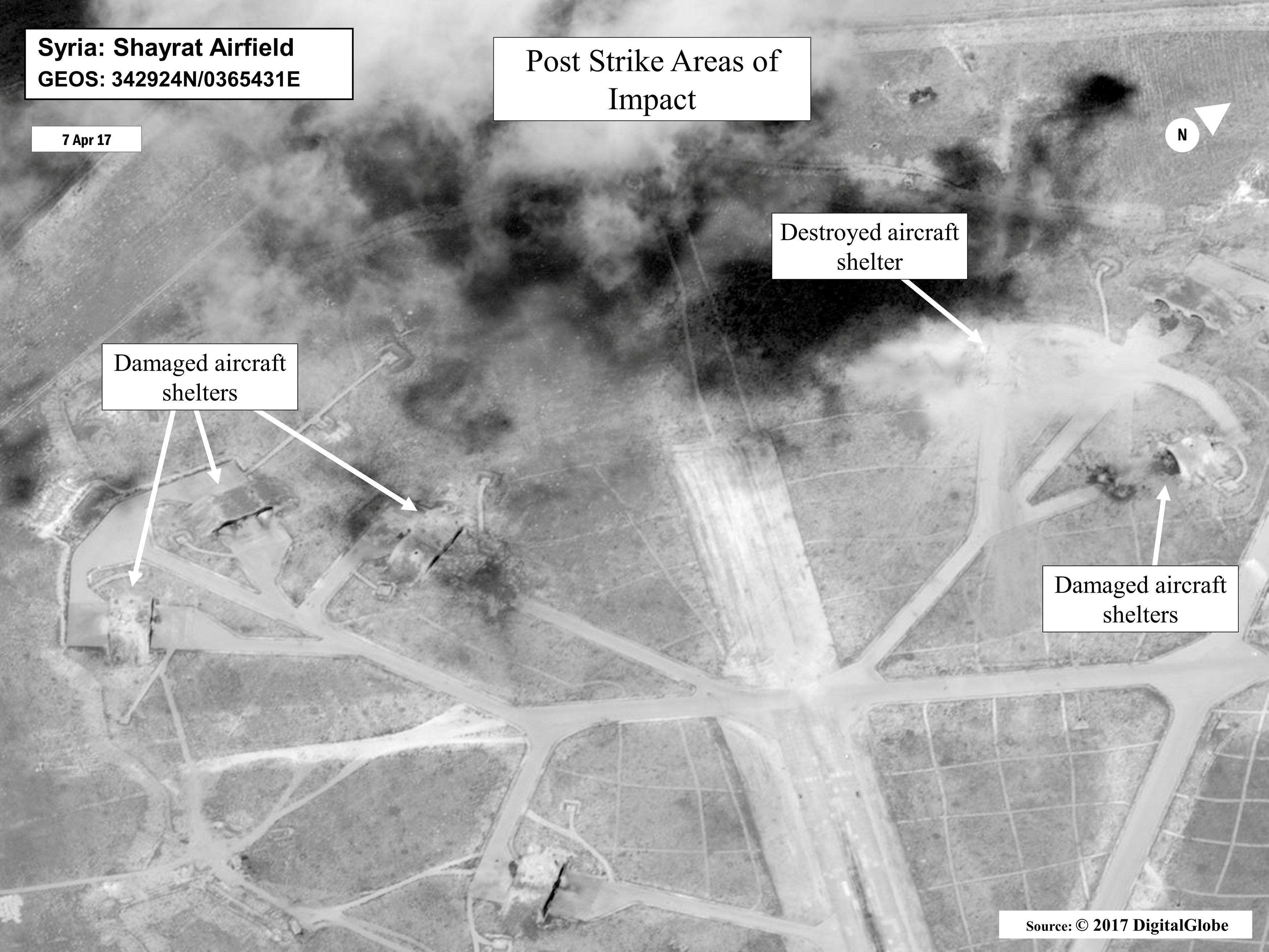 Battle damage assessment image of Shayrat Airfield, Syria, is seen in this DigitalGlobe satellite image, released by the Pentagon following US Tomahawk Land Attack Missile strikes from Arleigh Burke-class guided-missile destroyers, the USS Ross and USS Porter on April 7, 2017. Photo: DigitalGlobe/Courtesy US Department of Defense/Handout via Reuters