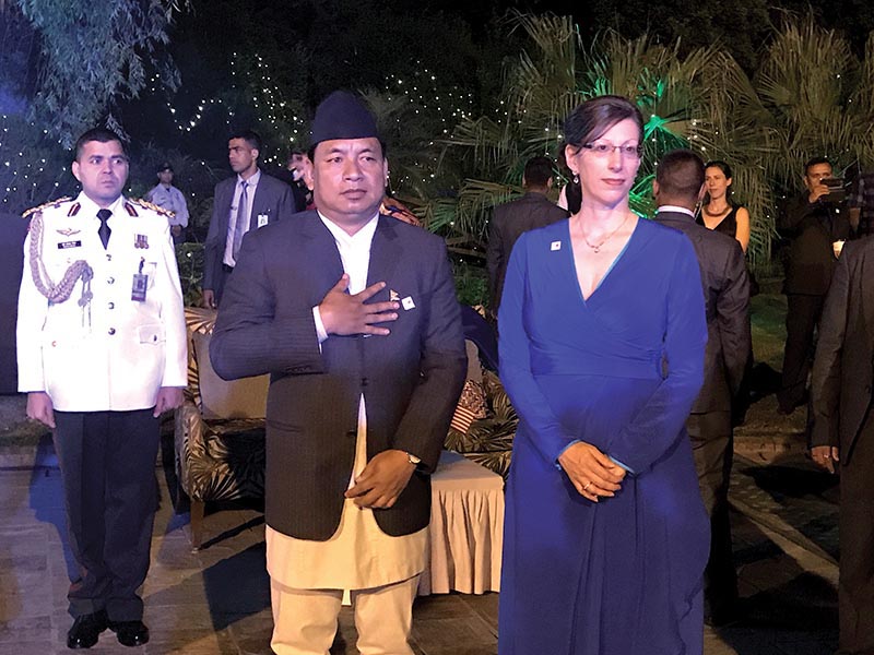 Vice-president Nanda Bahadur Pun and US Ambassador Alaina B Teplitz attending a function held to commemorate 70 years of Nepal-US friendship, in Kathmandu, on Friday, April 28, 2017. Photo: THT