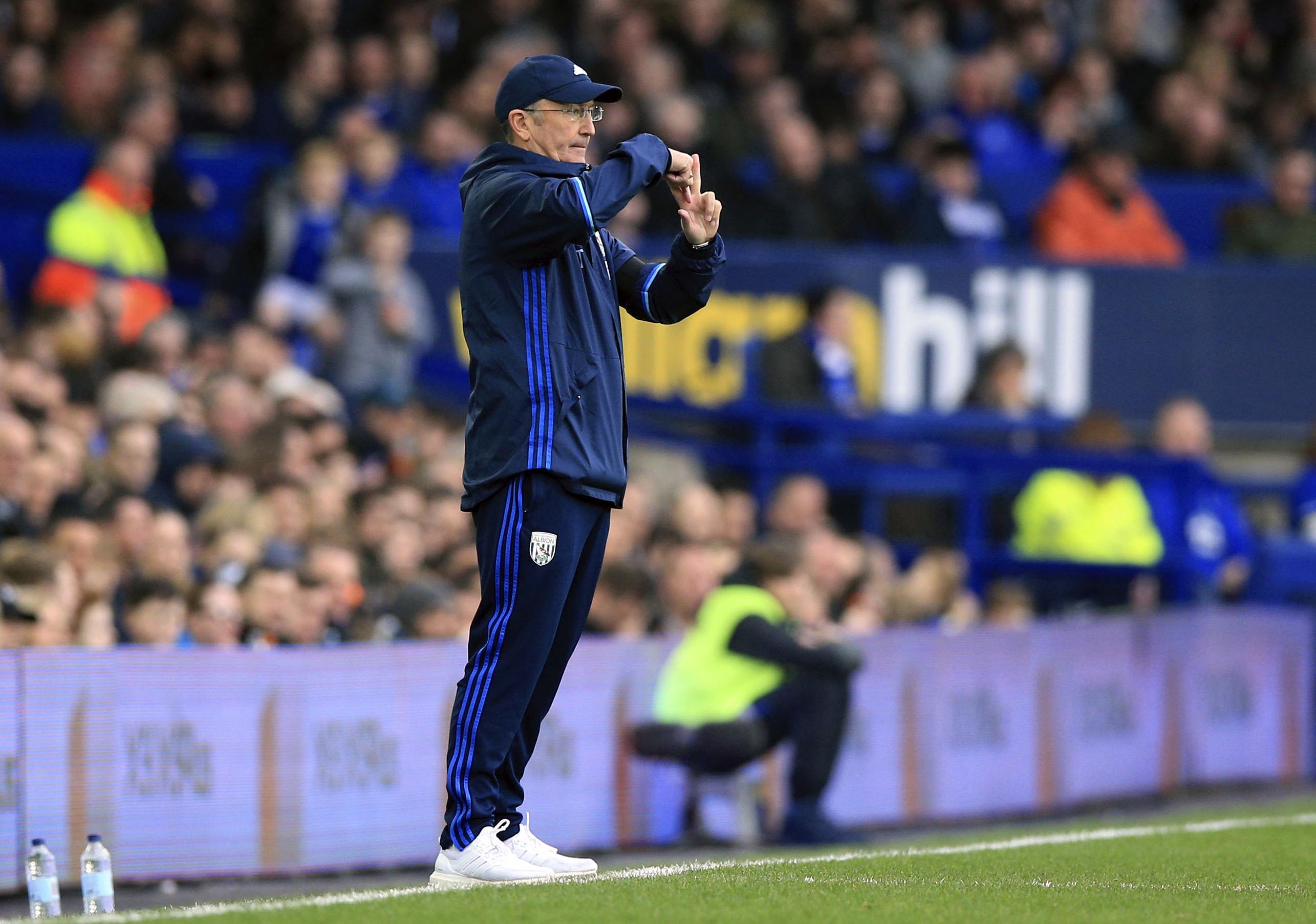 West Bromwich Albion manager Tony Pulis gestures on the touchline during the English Premier League soccer match against Everton at Goodison Park, Liverpool, England, on Saturday March 11, 2017. Photo: AP