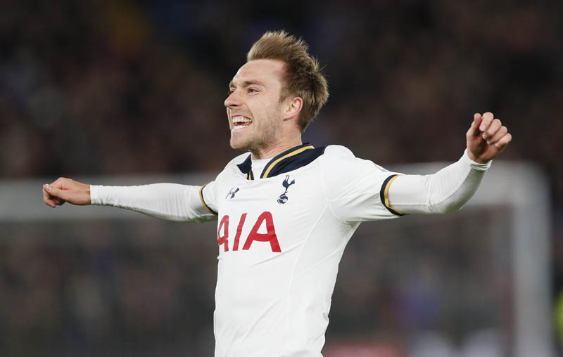 Tottenham's Christian Eriksen celebrates after he scored a goal during the English Premier League soccer match between Crystal Palace and Tottenham Hotspur at Selhurst Park stadium in London, on Wednesday, April 26, 2017. Photo: AP