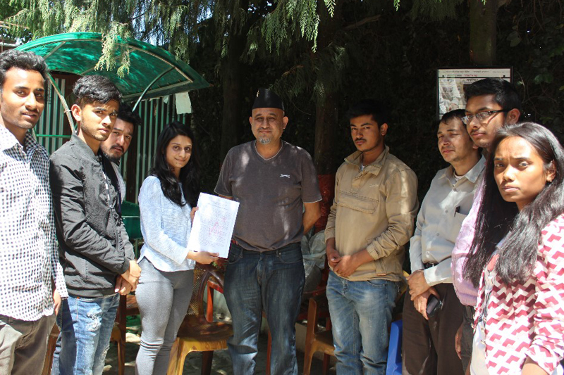 Youth activists submit a memorandum to Bibeksheel Nepali Party President Ujwal Thapa in the run-up to the local level elections in Kathmandu, on Sunday, April 9, 2017. Photo courtesy: Deepak Sunuwar